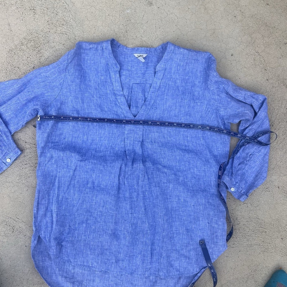 L.L. Bean Cool Blue  100% Linen Tunic Blouse Size L Washable Boho Beach Resort - Picture 5 of 10